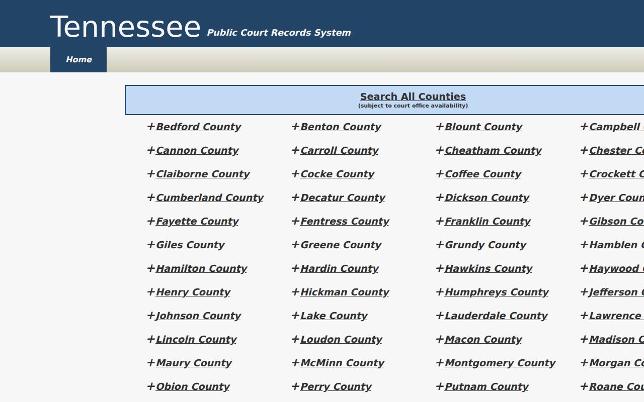 Tennessee county selector for Perry County case search