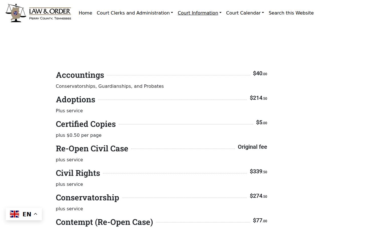Perry County court records and Chancery fee page