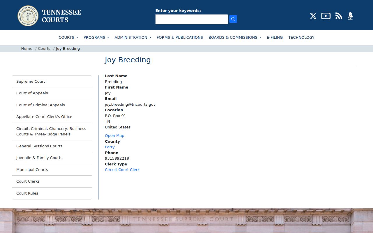 Perry County court records clerk profile for Joy Breeding